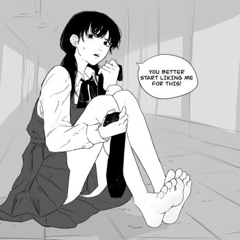 1girl akama_koi bare_legs barefoot black_socks blush bow bowtie chainsaw_man collared_shirt commentary dress english_commentary eyelashes feet foot_focus full_body greyscale hands_up highres holding_sock knees_up legs legs_together long_sleeves looking_at_viewer mitaka_asa monochrome open_mouth pleated_dress school_uniform shirt sitting sketch sketch_background socks soles solo speech_bubble toenails toes twintails unworn_socks