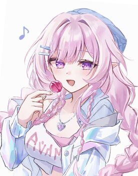 1girl blue_hat blue_jacket breasts candy commentary_request crop_top cyrene_(aedes_elysiae)_(honkai:_star_rail) cyrene_(honkai:_star_rail) cyrene_(nylon_japan)_(honkai:_star_rail) diamond-shaped_pupils diamond_(shape) food funafu hat heart heart_necklace holding holding_candy holding_food holding_lollipop honkai:_star_rail honkai_(series) jacket jewelry large_breasts lollipop long_hair looking_at_viewer musical_note necklace official_alternate_costume open_mouth pink_hair pointy_ears purple_eyes simple_background solo symbol-shaped_pupils upper_body very_long_hair white_background