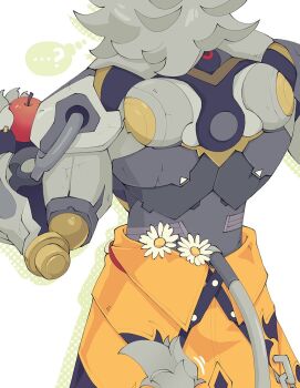 1boy ? apple banyue_(zenless_zone_zero) claws clothed_robot clothes_around_waist facing_away flower food from_behind fruit grey_hair grey_tail hand_up holding holding_food holding_fruit humanoid_robot male_focus mechanical_hands mechanical_tail metal_skin ranta000 robot robot_boy simple_background solo speech_bubble spoken_question_mark tail thought_bubble white_background white_flower zenless_zone_zero