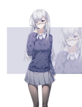 1girl absurdres ayamekiki black-framed_eyewear black_pantyhose blue_eyes blush earclip feet_out_of_frame glasses grey_hair grey_skirt grey_sweater hand_up highres long_hair looking_at_viewer multiple_views original pantyhose parted_lips pleated_skirt semi-rimless_eyewear skirt sweater