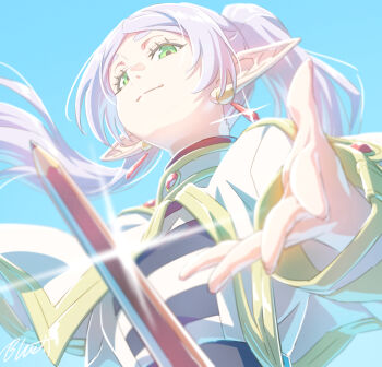 1girl blue_sky buru-dai capelet closed_mouth commentary day earrings elf frieren from_below gem green_eyes jewelry light_smile long_hair long_pointy_ears looking_at_viewer meme parted_bangs pencil pointy_ears reaching reaching_towards_viewer red_gemstone shirt sky solo sousou_no_frieren symbol-only_commentary twintails upper_body upward_angle_frieren_drawing_(meme) white_capelet white_hair white_shirt