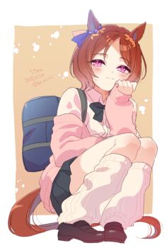 1girl animal_ears bag blue_skirt blush bow breasts brown_hair cardigan closed_mouth collared_shirt flower_in_eye full_body head_rest horse_ears horse_girl horse_tail koruri long_sleeves looking_at_viewer loose_socks open_cardigan open_clothes pink_cardigan pink_eyes pleated_skirt purple_eyes sakura_laurel_(umamusume) school_bag school_uniform shirt shoes short_hair skirt smile socks solo squatting symbol_in_eye tail umamusume white_shirt white_socks