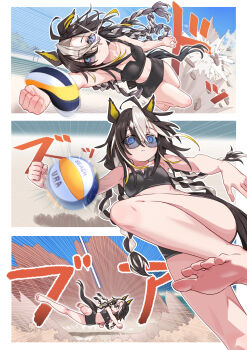 1girl ahoge animal_ears ball beach_volleyball bikini bikini_shorts black_bikini black_hair blue_eyes commentary_request dream_journey_(umamusume) eyewear_strap feet glasses hair_between_eyes highres horse_ears horse_girl horse_tail long_hair multicolored_hair multiple_views nabe_puyo sand shorts single_hair_intake soles strong swimsuit tail umamusume volleyball_(object)