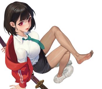 1girl black_hair crossed_legs feet highres katana looking_at_viewer medium_hair miniskirt necktie open_mouth oran_(hongsuk00) original pantyhose red_eyes shoes skirt soles sword toes unworn_shoes weapon