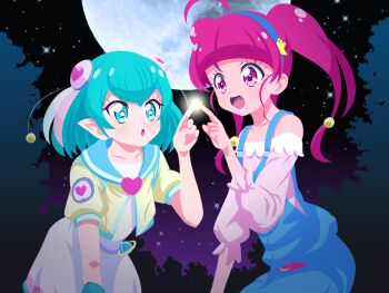 Rule 34 | e.t., fingerless gloves, full moon, gloves, glowing finger, green hair, hagoromo lala, hairband, hoshina hikaru, moon, overall shorts, overalls, parody, pointy ears, precure, purple hair, sabo10, single glove, sky, star-shaped pupils, star (sky), star (symbol), star twinkle precure, starry sky, symbol-shaped pupils, tree, twintails