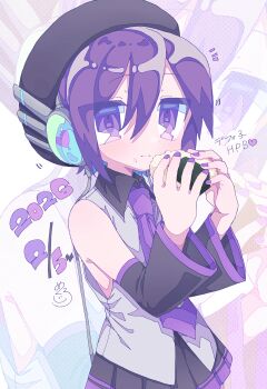 Rule 34 | 1girl, absurdres, beret, black hat, collared shirt, commentary request, detached sleeves, eating, food, hair between eyes, hat, highres, holding, holding food, long sleeves, looking at viewer, mekziro, necktie, onigiri, purple eyes, purple hair, purple necktie, shirt, short hair, sleeveless, sleeveless shirt, solo, upper body, utane uta, utau, white shirt