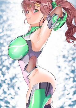 1girl absurdres arion_canvas bishoujo_senshi_sailor_moon bodysuit breasts brown_hair female_focus gloves green_eyes green_gloves green_thighhighs highres kino_makoto large_breasts long_hair looking_at_viewer ponytail sailor_jupiter smile solo taimanin_(series) taimanin_suit thighhighs