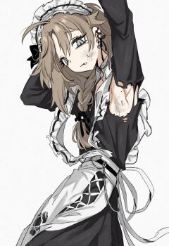 1boy absurdres ahoge apron arms_up braid brown_hair bruise collared_dress crossdressing crossdressing_(mtf) dress ear_piercing earrings flower_hairtie grey_eyes highres injury jewelry kanae_(19th_costume)_(nijisanji) kanae_(nijisanji) long_hair long_sleeves maid maid_apron maid_headdress male_focus male_maid mole mole_under_eye nijisanji official_alternate_costume parted_bangs piercing simple_background single_braid solo sp1nosaur torn_clothes torn_sleeves virtual_youtuber white_background