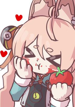 >_< 1girl absurdres animal_ear_fluff animal_ears commentary_request furry furry_female highres holding korean_commentary pink_hair rabbit_ears rabbit_girl red_eyes sanghanchokko solo thick_eyebrows tomato zenless_zone_zero zhao_(zenless_zone_zero)