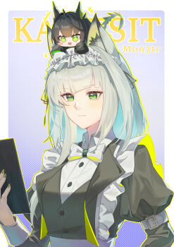 +++ 2girls arknights arm_belt belt belt_buckle black_hair black_jacket black_vest blue_hair bow bowtie buckle buttons character_name chibi collared_shirt colored_inner_hair commentary english_commentary fingernails frills green_eyes green_nails grey_hair halftone halftone_background highres holding jacket juliet_sleeves kal&#039;tsit_(arknights) long_sleeves maid medium_hair mon3tr_(arknights) multicolored_hair multiple_girls nail_polish official_alternate_costume outline puffy_sleeves shirt sleeve_belt sleeve_garter sy509 traditional_bowtie upper_body vest waistcoat white_belt white_bow white_bowtie white_shirt yellow_outline