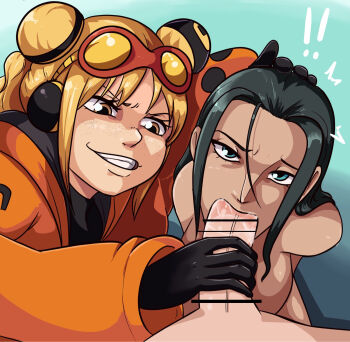 1boy 2girls assisted_fellatio bar_censor black_gloves black_hair blonde_hair blue_eyes breasts brown_eyes censored cleavage eyewear_on_head fellatio gloves goggles gradient_background grin highres looking_at_viewer medium_breasts multiple_girls nico_robin nude one_piece oral penis pov s0_underrated sexual_coaching smile vegapunk_york