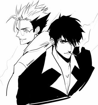 2boys artist_name cigarette commentary cropped_torso english_commentary facial_hair greyscale hair_over_one_eye highres hood hood_down jacket kookirani lapels looking_at_viewer male_focus medium_sideburns monochrome multiple_boys nicholas_d._wolfwood one_eye_covered rimless_eyewear round_eyewear sideburns sideburns_stubble simple_background smile smoke smoking spiked_hair stubble trigun vash_the_stampede white_background