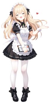 Rule 34 | 1girl, :d, ^ ^, apron, black boots, black bow, black dress, blonde hair, blush, boots, bow, breasts, cleavage, closed eyes, commentary request, dress, facing viewer, fold-over boots, frilled apron, frilled dress, frills, full body, garter straps, hair bow, heart, loading (verjuice), long hair, maid, maid apron, maid headdress, open mouth, original, pantyhose, puffy short sleeves, puffy sleeves, short sleeves, simple background, single leg pantyhose, single thighhigh, small breasts, smile, solo, standing, thighhighs, two side up, very long hair, white apron, white background, white pantyhose, white thighhighs, wrist cuffs