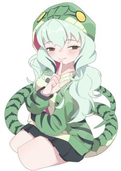 1girl black_skirt blush boomslang_(kemono_friends) finger_to_mouth green_eyes green_hair green_hoodie hair_between_eyes highres hood hood_up hoodie kemono_friends kneeling long_sleeves multicolored_hair pleated_skirt print_hoodie sarutori sidelocks skirt smile snake_girl snake_print snake_tail solo tail
