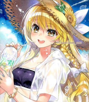 1girl :d alternate_costume bikini black_bikini blonde_hair blue_background bow bracelet braid breasts chacham commentary_request cup disposable_cup drinking_straw flower hair_bow hat hat_bow hat_flower holding holding_cup hood hooded_jacket ice ice_cube jacket jewelry kirisame_marisa looking_at_viewer marker_(medium) open_mouth see-through_clothes see-through_jacket short_sleeves side_braid single_braid small_breasts smile solo star_bracelet straw_hat sun_hat swimsuit touhou traditional_media twitter_username upper_body water_drop white_bow white_jacket yellow_eyes