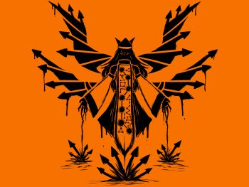 Rule 34 | 1girl, album cover redraw, arrow (symbol), commentary, derivative work, dress, english commentary, full body, hat, highres, long hair, long sleeves, looking at viewer, matara okina, monochrome, occultonic, orange theme, simple background, solo, straight-on, tabard, touhou, ultrakill, wings