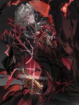 1boy armor black_armor black_gloves black_shirt blood blood_on_face chalice colored_tips commentary cup english_commentary floating_hair gloves hair_over_one_eye high_collar highres horse identity_v kd_sayakayui male_focus medium_hair multicolored_hair puffy_sleeves red_eyes richard_sterling richard_sterling_(the_red_knight) shirt skeleton_horse smirk solo upper_body wavy_hair white_hair