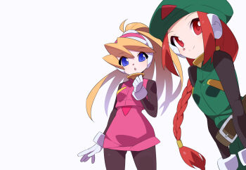 Rule 34 | 2girls, beret, black bodysuit, blonde hair, blue eyes, bodysuit, braid, brown eyes, brown hair, ciel (mega man), commentary request, cowboy shot, dress, green dress, green hat, hat, high ponytail, kaidou zx, long hair, mega man (series), mega man zero (series), multiple girls, pink shirt, pink skirt, ponytail, robot ears, shirt, simple background, skirt, smile, unnamed female soldier (mega man zero), white background
