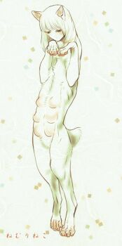 1girl abstract_background animal_ears animal_hands body_fur cat_ears cat_feet expressionless extra_breasts full_body furry furry_female human_head isaki_(shimesaba) monster_girl original small_tail solo standing white_fur white_hair white_tail