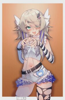 1girl :d aqua_eyes belt blonde_hair blue_arm_warmers blue_hair blush border bracelet criss-cross_halter four-finger_heart_hands frilled_shorts frills hair_over_one_eye halterneck head_wings heart heart_hands highres jewelry leggings long_hair looking_at_viewer mismatched_arm_warmers multicolored_hair multiple_belts navel official_alternate_costume official_alternate_hairstyle open_mouth orange_background phase_connect rinkou_ashelia rinkou_ashelia_(lia_3.0) second-party_source shirt shorts single_leg_pantyhose skindentation smile spiked_bracelet spikes streaked_hair striped_arm_warmers tilt-shift_(azalanz) torn_clothes torn_leggings virtual_youtuber white_border white_shirt white_shorts wings wolf_cut