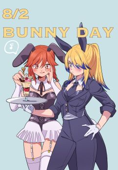 Rule 34 | 2girls, :q, absurdres, alternate costume, alternate hairstyle, animal ears, black jacket, black necktie, black pants, blonde hair, blue background, blue eyes, blush, braid, brown eyes, brown hair, bunny day, bustier, cleavage cutout, closed mouth, clothing cutout, coattails, collar, commentary request, cropped jacket, dated, detached collar, eighth note, elbow gloves, english text, food, frown, garter straps, glass, gloves, half gloves, hand on own face, highres, holding, holding tray, horse ears, horse girl, ice cream, jacket, long hair, long sleeves, looking at another, medium hair, multicolored hair, multiple girls, musical note, necktie, obey your master (umamusume), pants, ponytail, short shorts, short sleeves, shorts, simple background, smile, spoken musical note, standing, star-shaped pupils, star (symbol), sundae, sweatdrop, symbol-shaped pupils, tailcoat, thighhighs, tira (tira e), tongue, tongue out, tray, twin braids, two-tone hair, umamusume, umamusume: cinderella gray, white collar, white gloves, white shorts, white thighhighs, wing collar