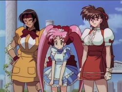 1990s_(style) 4girls absurdly_long_hair animated bare_legs black_hair bob_cut brown_eyes brown_hair corruption curvy female_focus female_pervert fighting gloves grabbing_another's_breast groping headband hug kimura_takahiro kubota_jun kunai kusunoki_manami long_hair looking_at_another masuda_chiho mind_control multiple_girls ninja paw_gloves pervert pink_hair retro_artstyle running short_hair simple_background sound tagme takeuchi_yuka teamwork variable_geo very_long_hair video violence waitress weapon wide_hips