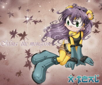 1girl belt boots female_focus gloves green_eyes leaf mina_mongoose panties purple_hair sega shorts solo sonic_(series) underwear x-t3al yellow_theme