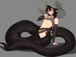 1girl arm_support black_hair breasts censored commission face_piercing full_body grey_background grey_hat hat highres jewelry lamia lip_piercing medium_hair monster_girl open_mouth original pentagram piercing pointless_censoring pointy_ears purple_eyes pussy ring simple_background small_breasts todding witch_hat