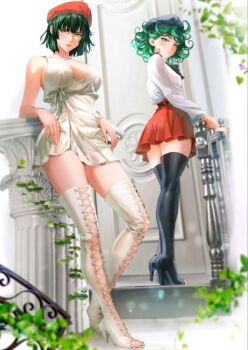 2girls artist_request beret between_legs black_hair boots breasts casual cleavage collarbone commentary dress english_commentary female_focus fingernails flat_chest flipped_hair fubuki_(one-punch_man) full_body green_eyes green_hair green_nails hand_between_legs hat head_rest high-waist_skirt high_heel_boots high_heels highres lace-up_boots large_breasts lips long_dress long_hair looking_at_viewer matching_hair/eyes multiple_girls murata_yuusuke_(style) nail_polish no_bra official_style one-punch_man open-toe_shoes pelvic_curtain plunging_neckline red_skirt shirt short_hair siblings sisters skirt sleeveless sleeveless_dress spaghetti_strap straight_hair sundress tatsumaki thigh_boots thighhighs toenail_polish toenails traditional_media v_arms white_background white_dress white_shirt