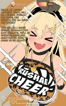 >_< 1girl animal_ears animal_print bare_shoulders black_choker blonde_hair blush breasts chat_log cheerleader choker closed_eyes english_text fake_animal_ears fang goddess_of_victory:_nikke gyaru hair_between_eyes hair_ornament hairclip heart heart_necklace highres jewelry large_breasts leopard_print livestream long_hair necklace rabbit_ears rupee_(nikke) scrunchie selfie shirt skirt sleeveless sleeveless_shirt sparkle thighs vammzu white_skirt wrist_scrunchie