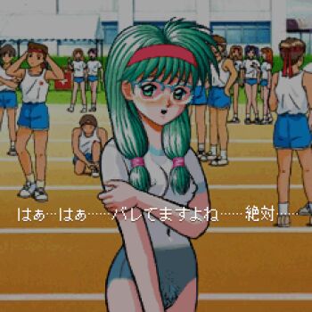 6+boys 6+girls arms_behind_head arms_up blue_buruma blue_shorts blush bodypaint breasts brown_hair building buruma cloud glasses green_eyes gym_uniform hairband headband highres kisaragi_mio kneeling konami long_hair looking_at_viewer low_twintails multiple_boys multiple_girls navel nipples nude on_one_knee open_mouth orange_hair pixel_art pubic_hair purple_hair pussy running_track saiwai_hiroshi school shirt shoes short_hair short_sleeves shorts sky small_breasts smile sneakers socks standing tank_top teeth tokimeki_memorial tokimeki_no_houkago track_and_field track_uniform twintails tying_shoes white_shirt white_shoes white_socks window yellow_shoes yellow_socks