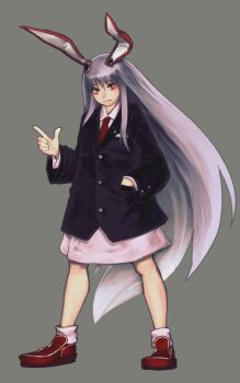 1girl animal_ears ankle_socks black_jacket blazer blush buttons collared_shirt commentary_request crescent crescent_pin envenomist_(gengoroumaru) finger_gun full_body grey_background hand_in_pocket highres jacket lapels loafers long_hair necktie nose_blush notched_lapels pink_shirt pink_skirt pink_socks purple_hair rabbit_ears rabbit_girl red_eyes red_necktie red_shoes reisen_udongein_inaba shirt shoes silver_buttons skirt socks solo touhou very_long_hair wide_sleeves