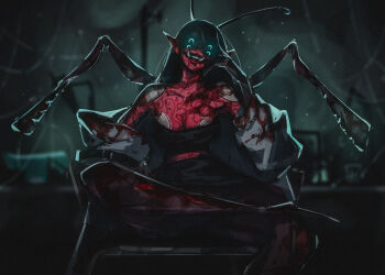 1girl absurdres antennae arthropod_girl arthropod_limbs black_hair black_pants blood blood_on_clothes blood_on_face blue_eyes blurry blurry_background breasts cable colored_skin commentary crop_top english_commentary extra_eyes figure_four_sitting highres indoors long_hair looking_at_viewer medium_breasts monster_girl open_mouth original pants pointy_ears red_skin sitting smile solo titanartx tusks