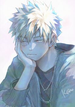 Rule 34 | 1boy, absurdres, arm up, bakugou katsuki, black shirt, blonde hair, blue jacket, boku no hero academia, chain, chain necklace, closed mouth, commentary request, crew neck, facial scar, hair between eyes, head rest, highres, jacket, jewelry, koromo06418109, long sleeves, looking to the side, male focus, necklace, open clothes, open jacket, orange eyes, parted hair, scar, scar on cheek, scar on face, shirt, sideways glance, simple background, solo, unzipped, upper body, white background