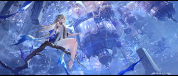 1girl absurdres artist_name bare_legs bare_shoulders black_dress blonde_hair blue_eyes breasts cartethyia_(wuthering_waves) chinese_commentary closed_mouth commentary_request crown_of_thorns dress feet from_below highres legs letterboxed long_hair looking_afar looking_ahead pointy_ears sandals sidelocks sitting sitting_on_branch small_breasts solo swd3e2 tabard thighs toes very_long_hair white_tabard wuthering_waves