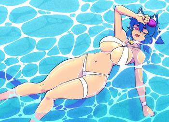 1girl absurdres animal_ear_fluff animal_ears bell bikini blue_hair breasts cat_ears cat_girl cat_tail choker collarbone doce dock fang feet_out_of_frame female_focus freckles hair_between_eyes highres jingle_bell large_breasts looking_at_viewer lying navel o-ring o-ring_bikini on_back one_eye_closed open_mouth original partially_submerged pink_eyes short_hair skin_fang solo swimming swimsuit tail thigh_strap water white_bikini wink xiao_(docecaedrus)