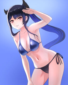 1girl armpits bikini black_bikini black_hair blue_background blue_bikini blue_hair breasts cleavage clip_studio_paint_(medium) closed_mouth colored_inner_hair commentary english_commentary flower gradient_background highres hololive hololive_english horn_flower komori_hiki_(hikienlaventana) large_breasts leaning_forward long_hair looking_at_viewer mismatched_bikini mole mole_under_eye multicolored_hair navel nerissa_ravencroft purple_eyes side-tie_bikini_bottom sidelocks simple_background smile solo string_bikini swimsuit very_long_hair virtual_youtuber
