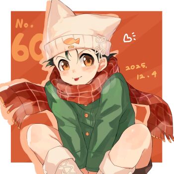 1boy alternate_costume arms_between_legs beanie beer611gold blush boots border brown_eyes brown_shorts buttons dated earflap_beanie gon_freecss green_hair hat highres hunter_x_hunter looking_at_viewer male_focus numbered outside_border red_scarf scarf short_hair shorts solo tongue tongue_out white_boots white_border