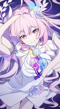 1girl absurdres breasts chinese_commentary commentary_request cyrene_(honkai:_star_rail) cyrene_(ripples_of_past_reverie)_(honkai:_star_rail) diamond-shaped_pupils diamond_(shape) dress flower hair_flower hair_intakes hair_ornament halo highres honkai:_star_rail honkai_(series) large_breasts long_hair looking_at_viewer pink_hair purple_eyes smile solo symbol-shaped_pupils teeth very_long_hair white_dress xixuan_z