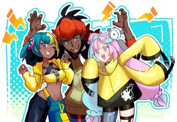 1boy 2girls aqua_hair bandeau black_hoodie blonde_hair bow-shaped_hair breasts canari_(pokemon) character_hair_ornament dark-skinned_male dark_skin hair_ornament highres hood hoodie iono_(pokemon) jacket long_hair mask multicolored_hair multiple_girls navel nintendo pink_hair pokemon pokemon_legends:_z-a pokemon_sv pokemon_swsh raihan_(pokemon) rhymewithray sharp_teeth short_twintails split-color_hair teeth twintails two-tone_hair yellow_jacket