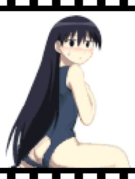 Rule 34 | 1girl, ass, ass cutout, azumanga daiou, black eyes, black hair, blue one-piece swimsuit, blue school swimsuit, blush, butt crack, clothing cutout, from behind, hand on own chest, heart cutout, long hair, looking at viewer, looking back, one-piece swimsuit, open mouth, pixel art, saiwai hiroshi, sakaki (azumanga daioh), school swimsuit, sitting, sweat, swimsuit, white background