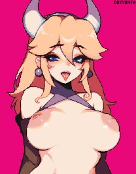 1girl alternate_breast_size_(larger) alternate_costume artist_name blonde_hair blue_eyes blush breasts breasts_apart commentary doxy earrings english_commentary eyelashes hair_between_eyes horns inverted_nipples jewelry large_areolae large_breasts long_hair looking_at_viewer mario_(series) nintendo nipples off_shoulder open_mouth pink_background pixel_art princess_peach revealing_clothes shadow sidelocks solo super_mario_bros._1 tongue tongue_out upper_body