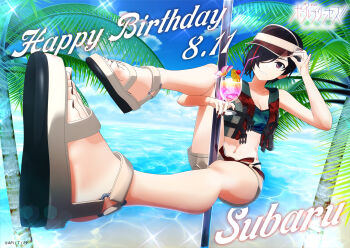 1girl beach black_hair blue_sky breasts cleavage cloud copyright_name copyright_notice crop_top cup drinking_glass drinking_straw flower green_shirt hair_over_one_eye hand_on_headwear happy_birthday hibiscus highres holding holding_pole jacket large_breasts leg_up looking_at_viewer multicolored_hair nanyou_subaru navel ocean official_art outdoors palm_tree pole pole_dancing pole_princess!! purple_eyes red_hair red_streaks sandals shirt short_hair shorts sky sleeveless smile solo stomach streaked_hair stripper stripper_pole summer swimsuit thighs tree visor_cap