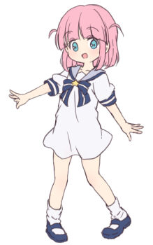 1girl blue_bow blue_bowtie blue_eyes bocchi_the_rock! bow bowtie dress gotoh_futari grey_sailor_collar happy highres mel_(melty_pot) pink_hair sailor_collar sailor_dress short_sleeves simple_background socks solo standing striped_bow white_background white_dress white_socks