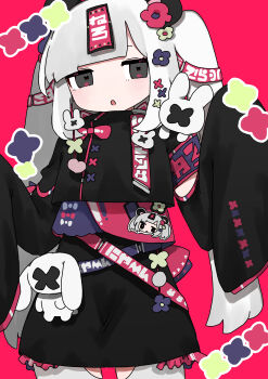 1girl :o absurdres armband belt black_dress black_eyes black_outline blue_flower blunt_bangs bun_cover commentary_request dress expressionless flower hair_flower hair_ornament hairpin highres long_hair long_sleeves multiple_belts multiple_hairpins nukunuku_nigirimeshi ofuda ofuda_on_head original outline pale_skin pink_background pink_flower purple_armband rabbit_hair_ornament sleeves_past_fingers sleeves_past_wrists solo stuffed_animal stuffed_rabbit stuffed_toy twintails white_hair white_outline wide_sleeves x_(symbol) yellow_flower