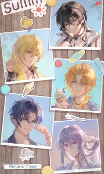 5boys ;q absurdres adjusting_eyewear alkaid_mcgrath aqua_eyes ayn_alwyn bare_shoulders black_gloves black_hair blonde_hair blue_background blue_eyes blue_hair blue_shirt bracelet bulletin_board cael_anselm chinese_commentary clarence_clayden closed_mouth collarbone column_lineup copyright_name crew_neck curtained_hair drying drying_hair earclip fingerless_gloves fish food glasses gloves green_eyes grey_jacket hair_between_eyes hair_flowing_over hair_lift hand_in_own_hair hand_up head_on_hand head_rest headphones headphones_around_neck highres holding holding_food holding_ice_cream holding_towel hood hood_down hoodie ice_cream ice_cream_cone incredibly_absurdres jacket jewelry lapels lars_rorschach long_bangs long_hair long_hair_between_eyes long_sleeves looking_at_viewer lovebrush_chronicles low_ponytail male_focus medium_hair mole mole_under_eye multiple_boys necklace official_alternate_costume one_eye_closed parted_bangs parted_lips photo_(object) ponytail portrait purple_eyes red_eyes rubber_duck shawl_lapels shell shell_necklace shiling shirt short_hair sleeveless sleeveless_hoodie smile soft_serve sticker summer sun sunlight surfboard thumbtack tongue tongue_out towel towel_around_neck ufo watch water_drop watermark weibo_watermark wet wet_hair white_hair white_hoodie white_jacket white_shirt wing_collar wristwatch