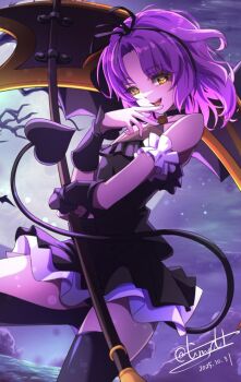1girl bare_shoulders bat_(animal) black_dress bob_cut bow clothing_cutout dated demon_girl demon_tail dress eiyuu_densetsu floating_hair full_moon hair_bow hair_ribbon halloween holding holding_scythe huge_weapon looking_at_viewer moon night night_sky open_mouth outdoors parted_bangs purple_hair renne_(eiyuu_densetsu) ribbon scythe short_hair signature sky sleeveless sleeveless_dress smile solo sora_no_kiseki tail thigh_cutout thighhighs tinybiard twitter_username upper_body weapon yellow_eyes