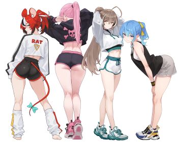 4girls absurdres ahoge alternate_costume animal_ear_fluff animal_ears arms_up ass bare_arms barefoot black_hair black_jacket black_shirt black_shorts black_sports_bra blue_eyes blue_hair bluefield blush bow breasts brown_hair casual closed_mouth clothes_writing colored_tips crop_top cropped_shirt dolphin_shorts facing_away from_behind full_body green_shoes grey_background grey_hair grey_shorts hair_ribbon hakos_baelz high-waist_shorts highres hololive hololive_english hoshimachi_suisei jacket kneepits large_breasts leaning_forward leg_warmers long_hair long_sleeves looking_at_viewer looking_back median_furrow mori_calliope mouse_ears mouse_girl mouse_tail multicolored_hair multiple_girls nanashi_mumei pink_hair pink_shoes ponytail red_hair ribbon shirt shoe_soles shoes short_hair short_shorts shorts simple_background skull_print sleeveless sleeveless_shirt smile sneakers sports_bra sportswear standing star_(symbol) star_in_eye streaked_hair symbol_in_eye tail tail_bow tail_ornament thighs two-tone_background underbutt virtual_youtuber white_background white_hair white_jacket white_shirt white_shorts yellow_eyes yellow_ribbon