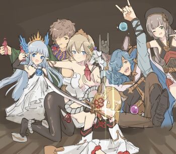 2boys 4girls animal_ears blush dog_ears drang_(granblue_fantasy) erune europa_(granblue_fantasy) glowing glowing_eyes gran_(granblue_fantasy) granblue_fantasy group_picture highres holding holding_sword holding_weapon kengo_(granblue_fantasy) lily_(granblue_fantasy) lyrinne multiple_boys multiple_girls on_floor pantyhose pholia pointing potion reference_work sword vajra_(granblue_fantasy) weapon