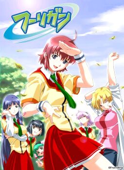 6+girls :d absurdres amou_yuka amou_yuki black_hair blonde_hair blue_eyes green_eyes green_necktie grin happoubi_jin highres hooligan lab_coat margrethe_arthur multiple_girls necktie official_art olga_mengele one_eye_closed open_mouth red_hair red_skirt salute short_hair skirt smile stretching tougou_hiromi victoria_nelson